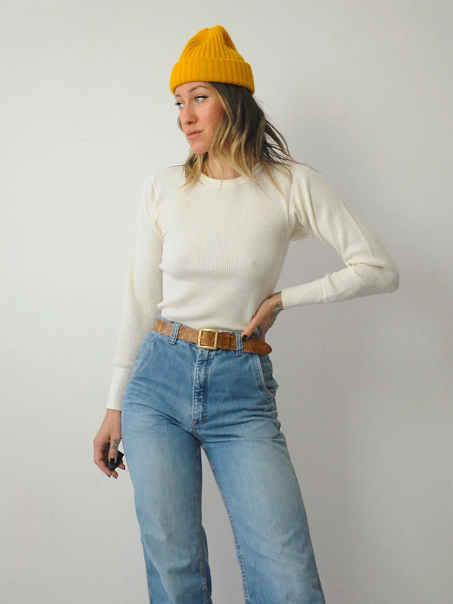 1970's Cream Waffle Knit thermal