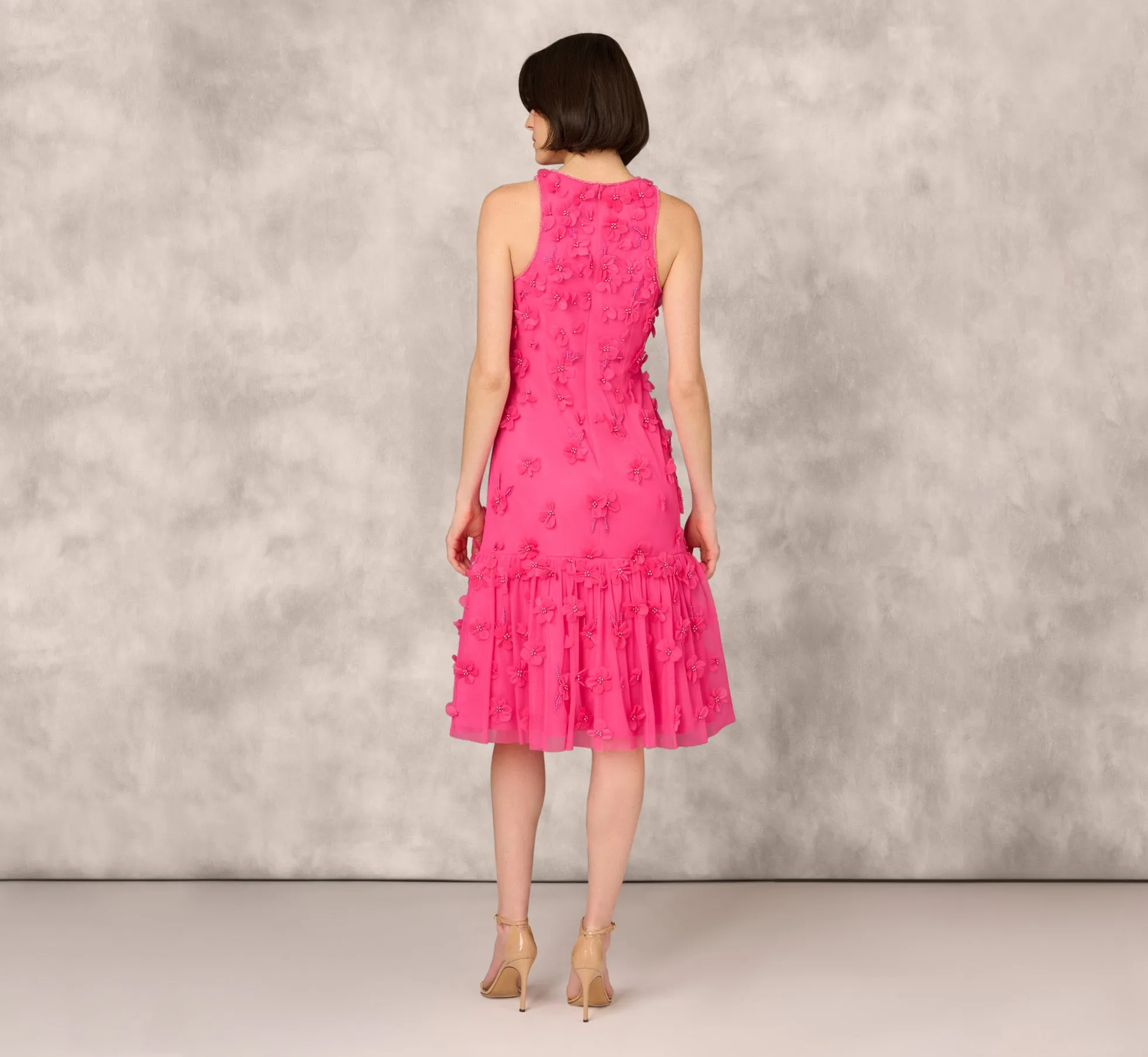 3D Floral And Bead Embellished Midi Dress With Flounce Skirt In Electric Pink