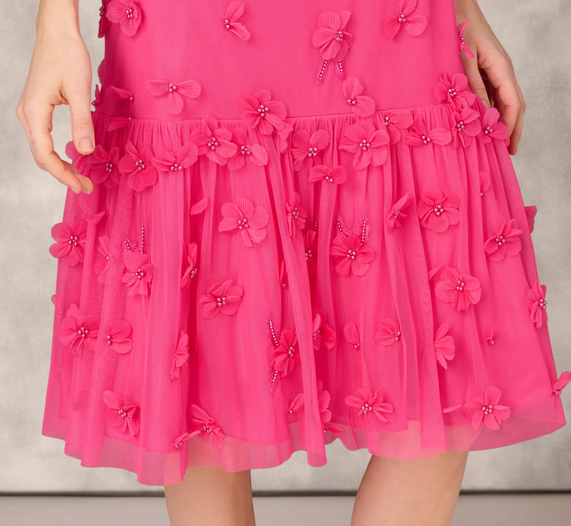 3D Floral And Bead Embellished Midi Dress With Flounce Skirt In Electric Pink