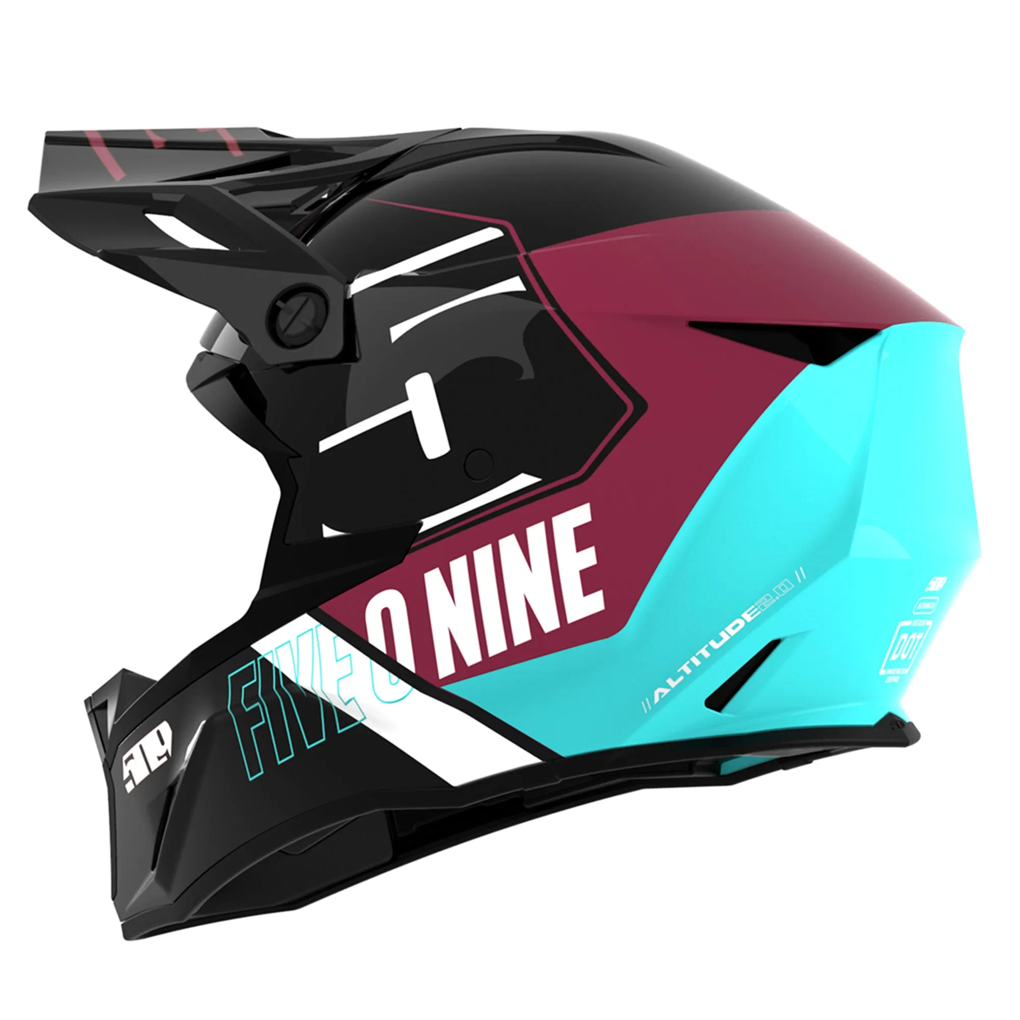 509  Altitude 2.0 Snowmobile Helmet DOT ECE Fidlock Strap Open Face Maroon Teal