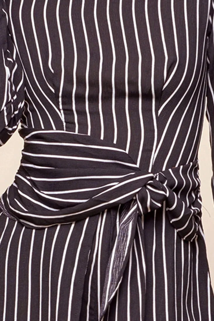 Abbey Waist Tie Pinstripe Romper Black & White