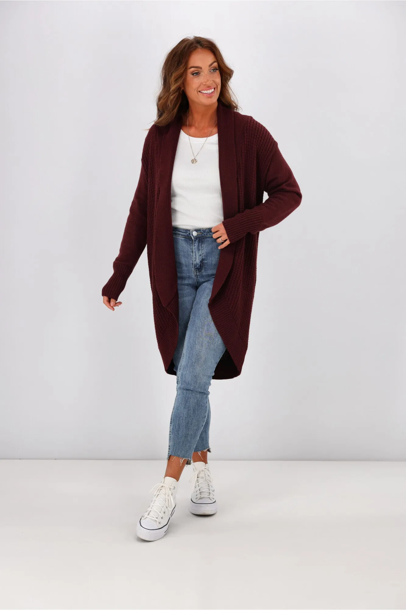 Alpine By Shine On Piccolo Merino Longline Scooped Hem Cardigan Claret