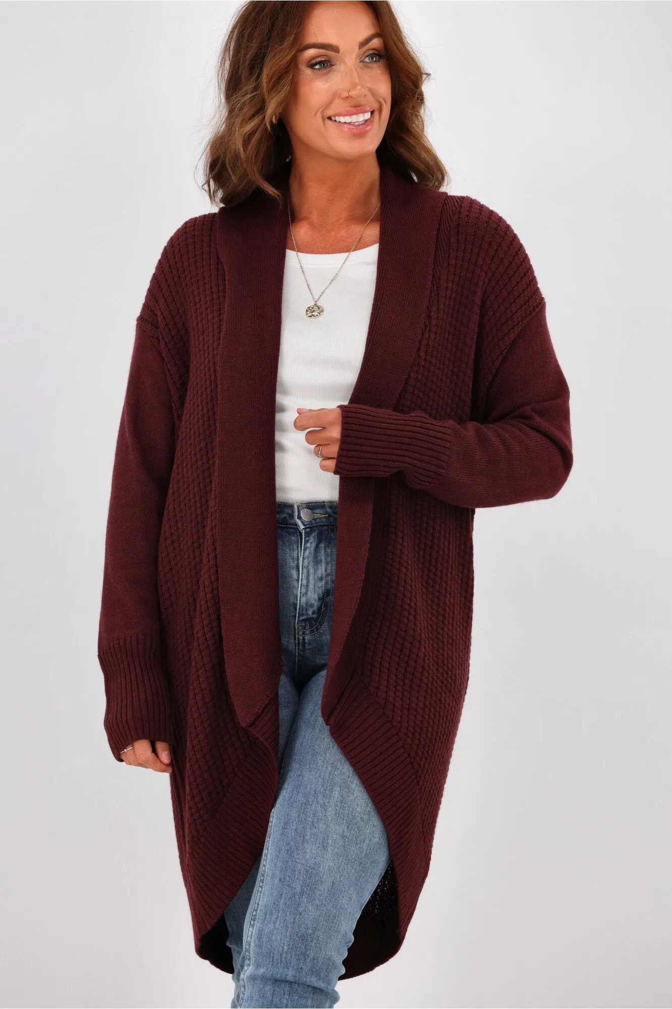 Alpine By Shine On Piccolo Merino Longline Scooped Hem Cardigan Claret