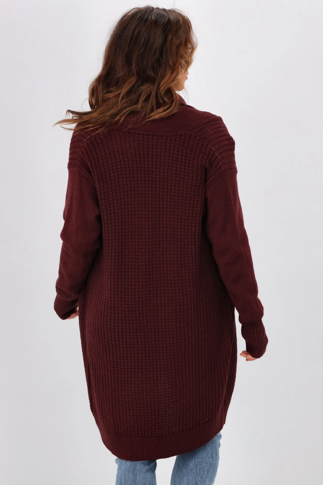 Alpine By Shine On Piccolo Merino Longline Scooped Hem Cardigan Claret