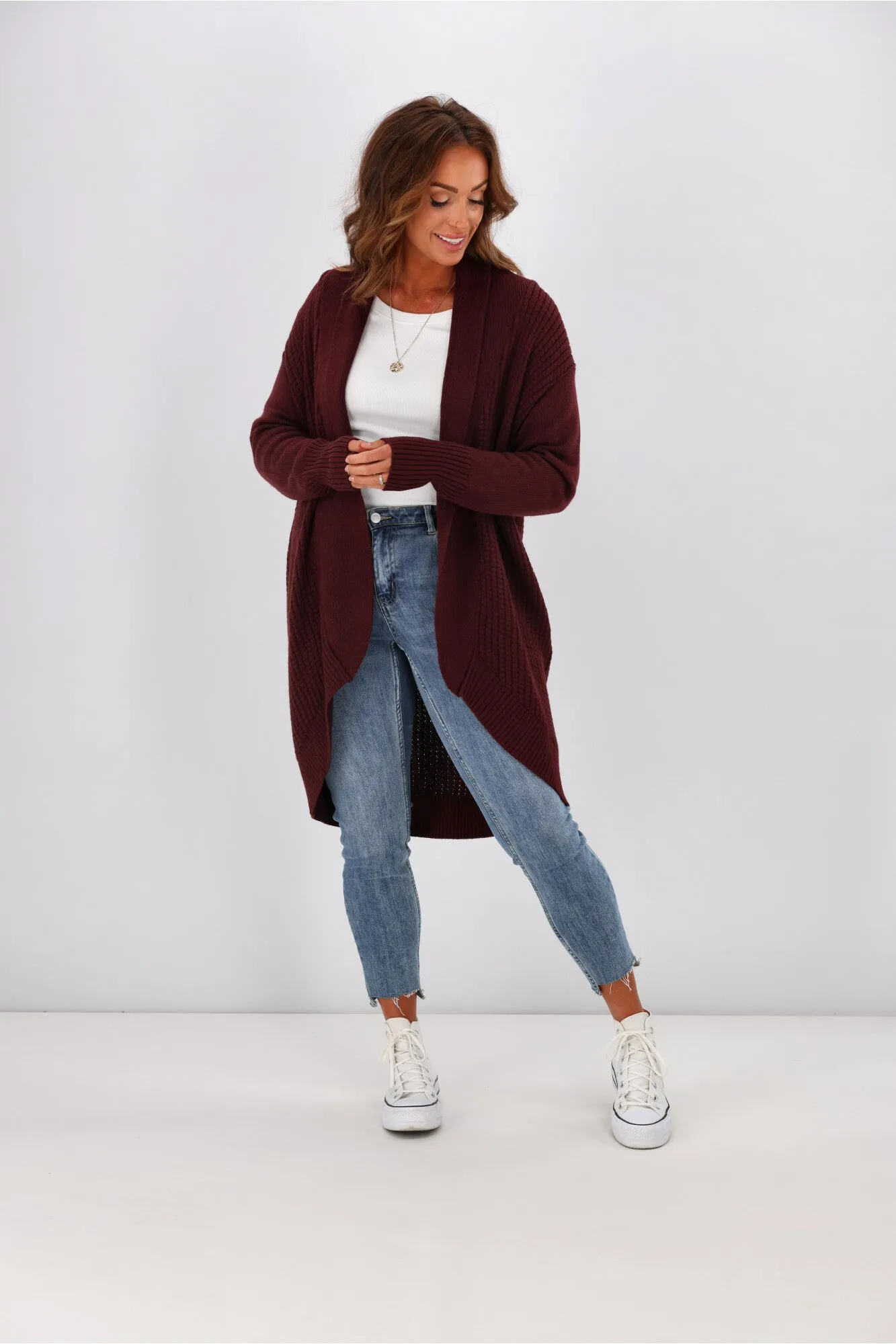 Alpine By Shine On Piccolo Merino Longline Scooped Hem Cardigan Claret