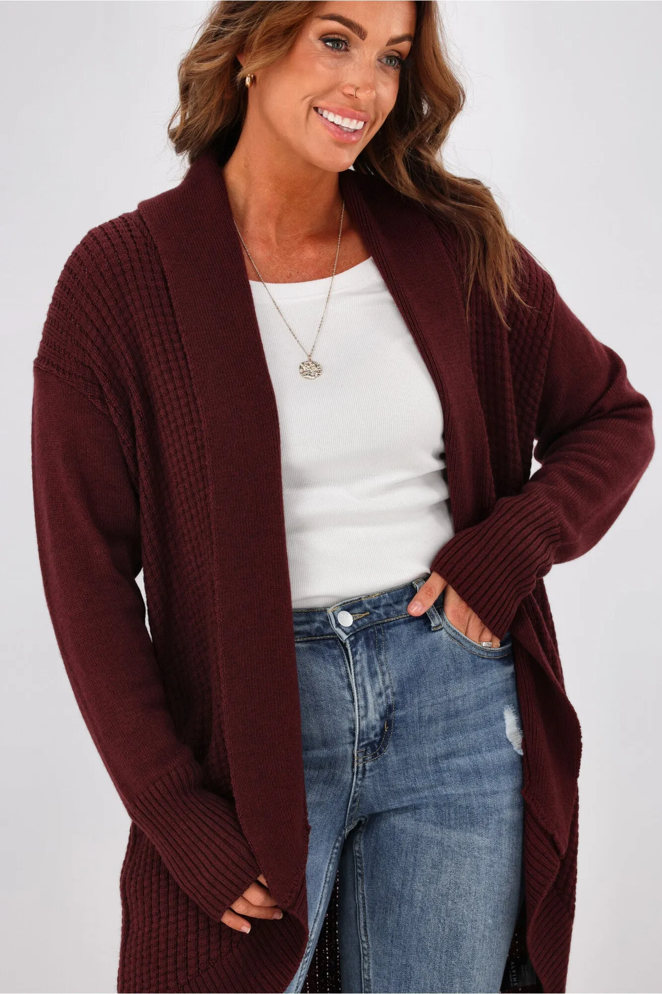 Alpine By Shine On Piccolo Merino Longline Scooped Hem Cardigan Claret