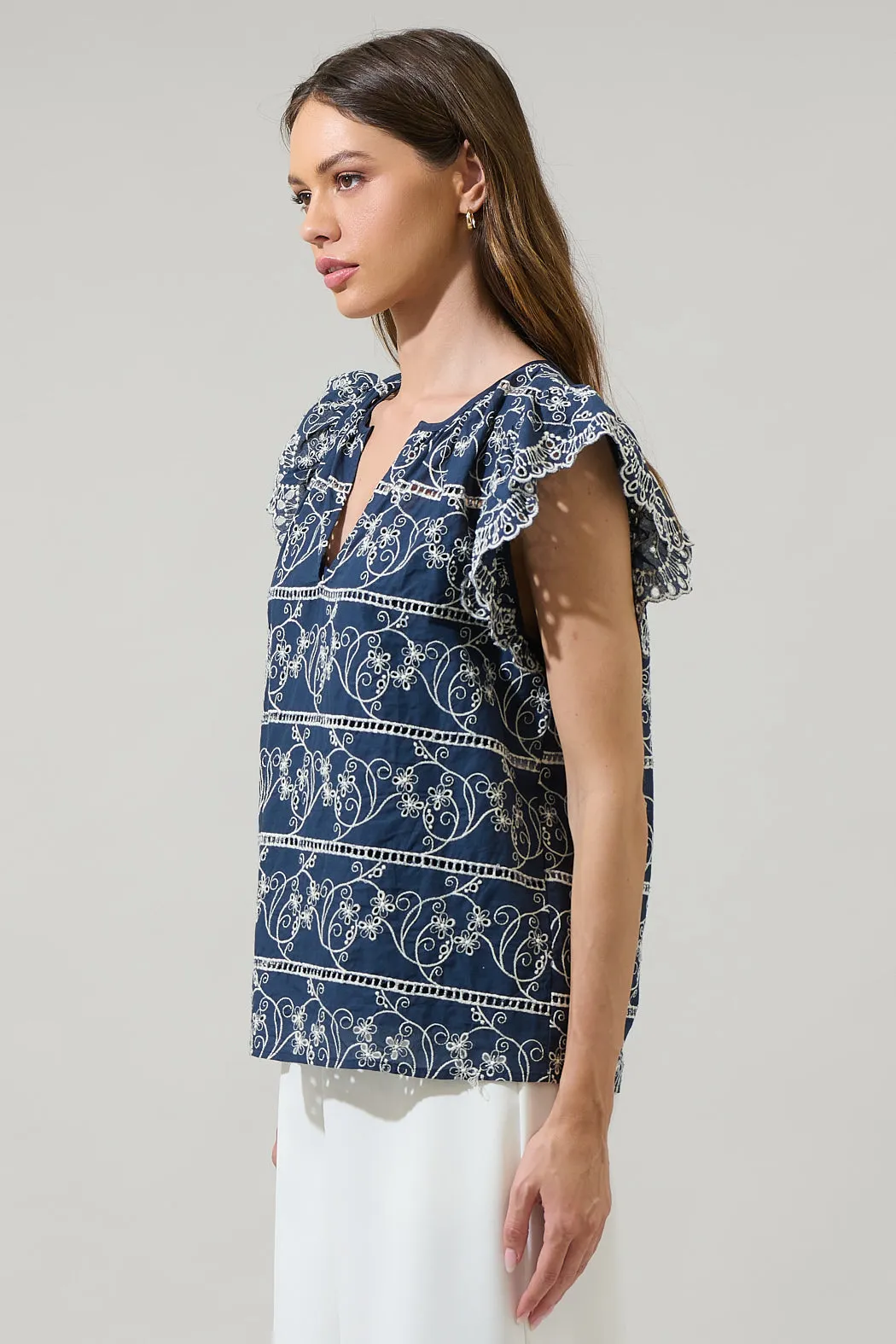 Ash Floral Eyelet Ana Split Neck Top