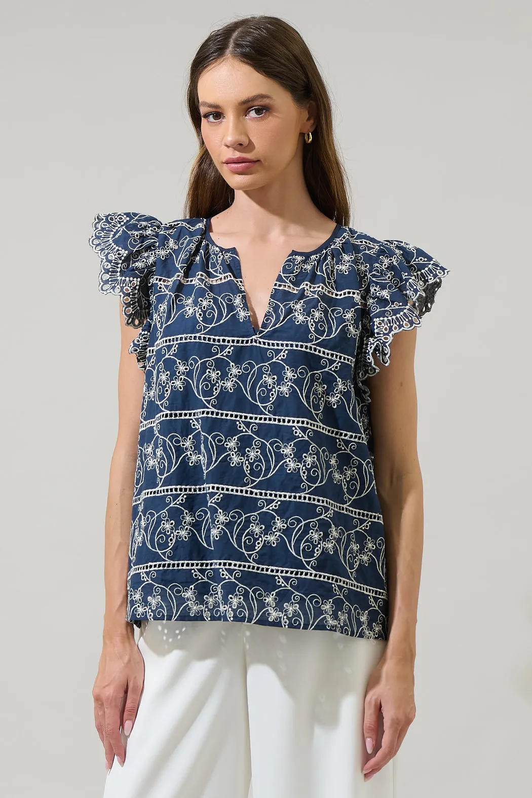 Ash Floral Eyelet Ana Split Neck Top