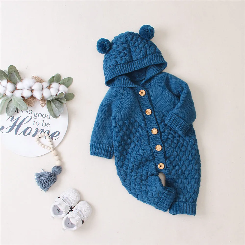 Baby Knitted Solid Long Sleeve Sweaters Hooded Romper