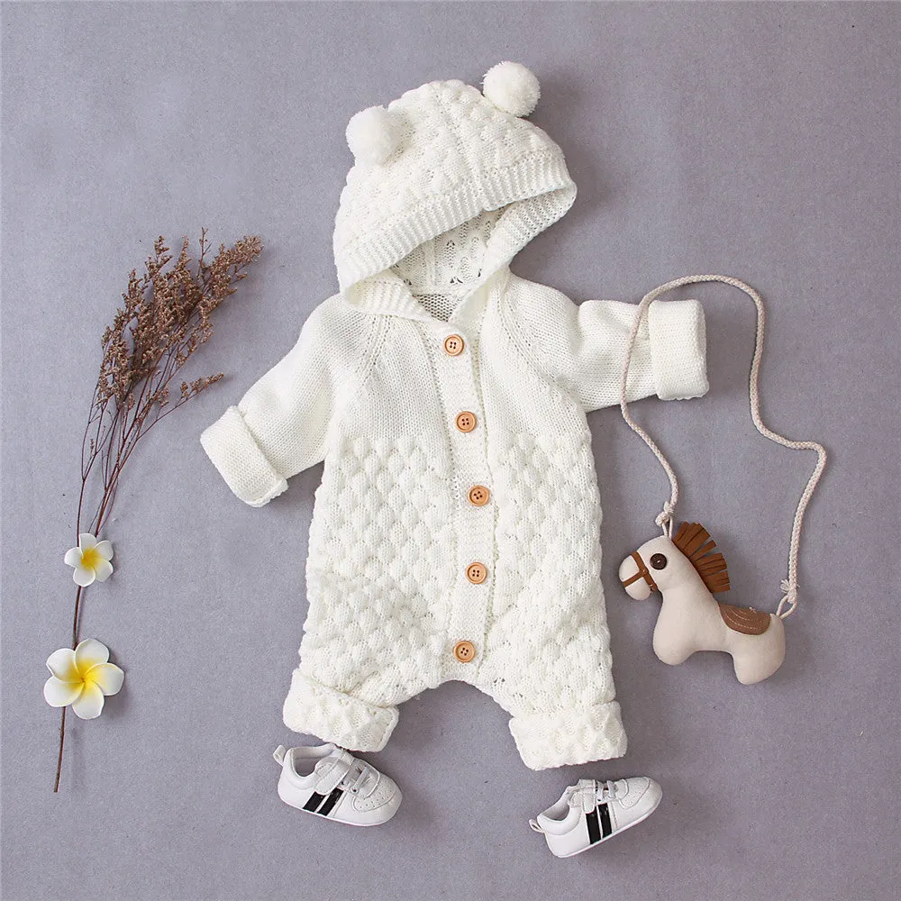 Baby Knitted Solid Long Sleeve Sweaters Hooded Romper