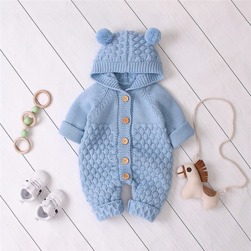 Baby Knitted Solid Long Sleeve Sweaters Hooded Romper