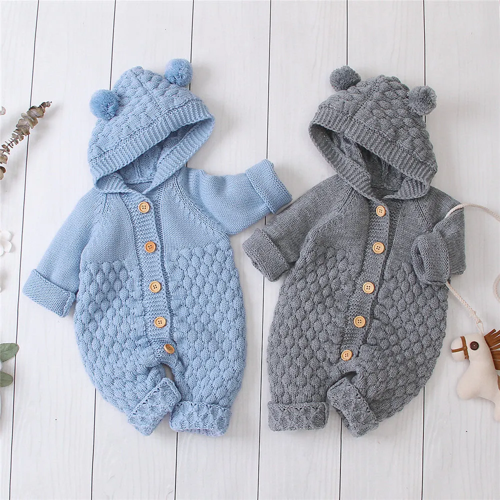 Baby Knitted Solid Long Sleeve Sweaters Hooded Romper