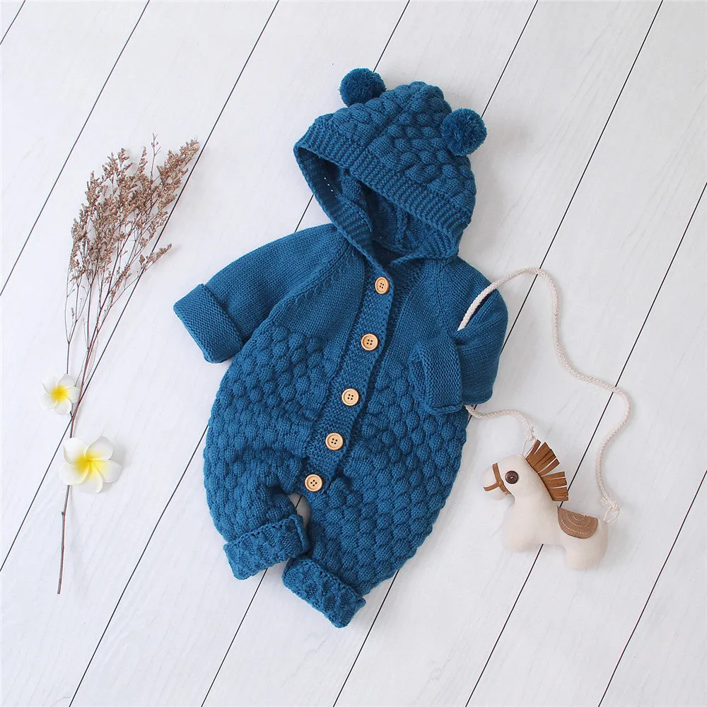 Baby Knitted Solid Long Sleeve Sweaters Hooded Romper