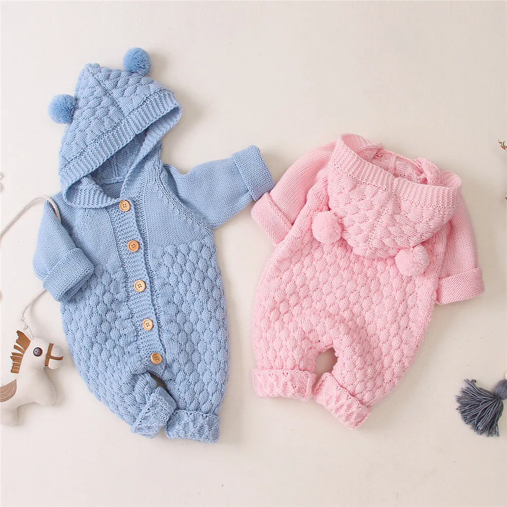 Baby Knitted Solid Long Sleeve Sweaters Hooded Romper