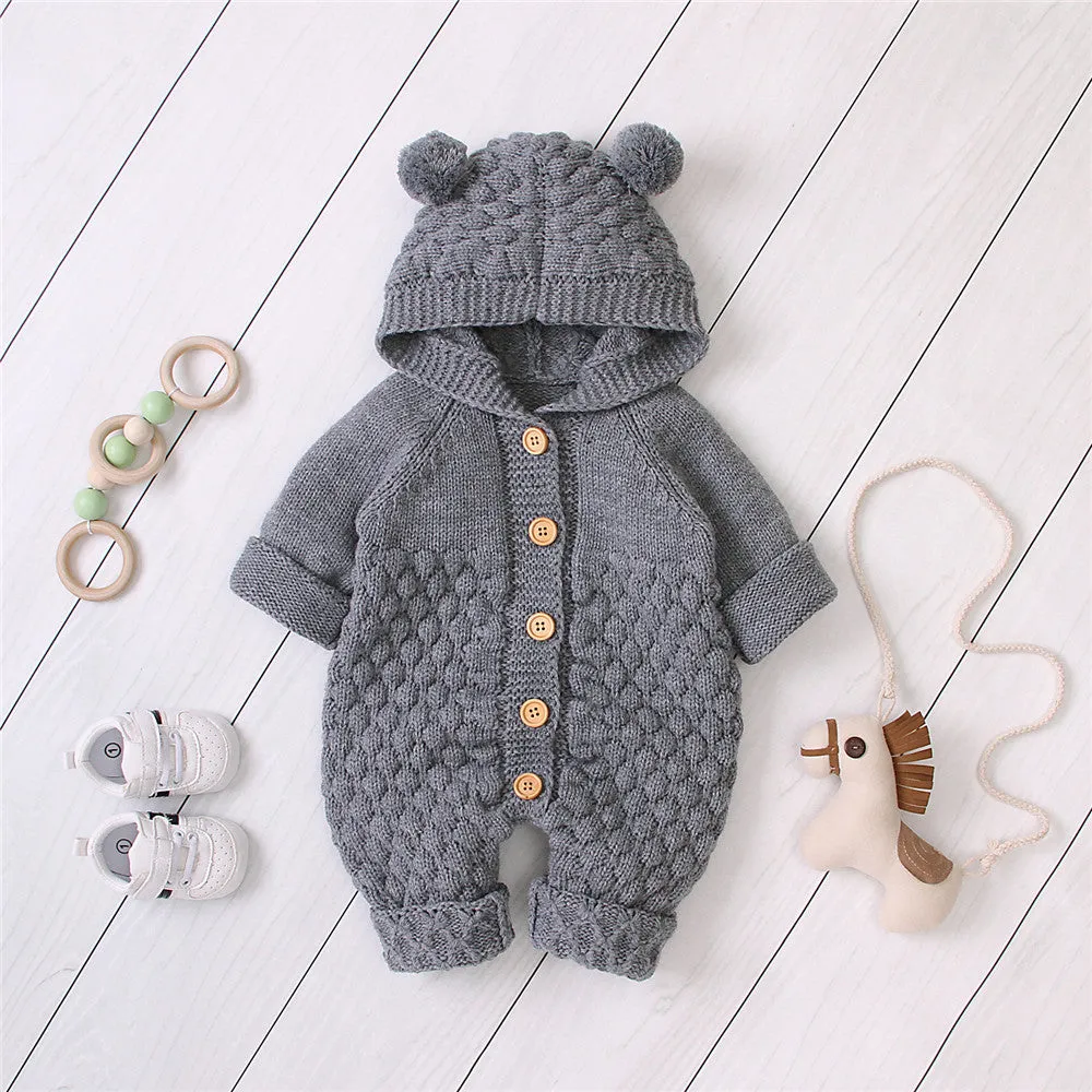 Baby Knitted Solid Long Sleeve Sweaters Hooded Romper