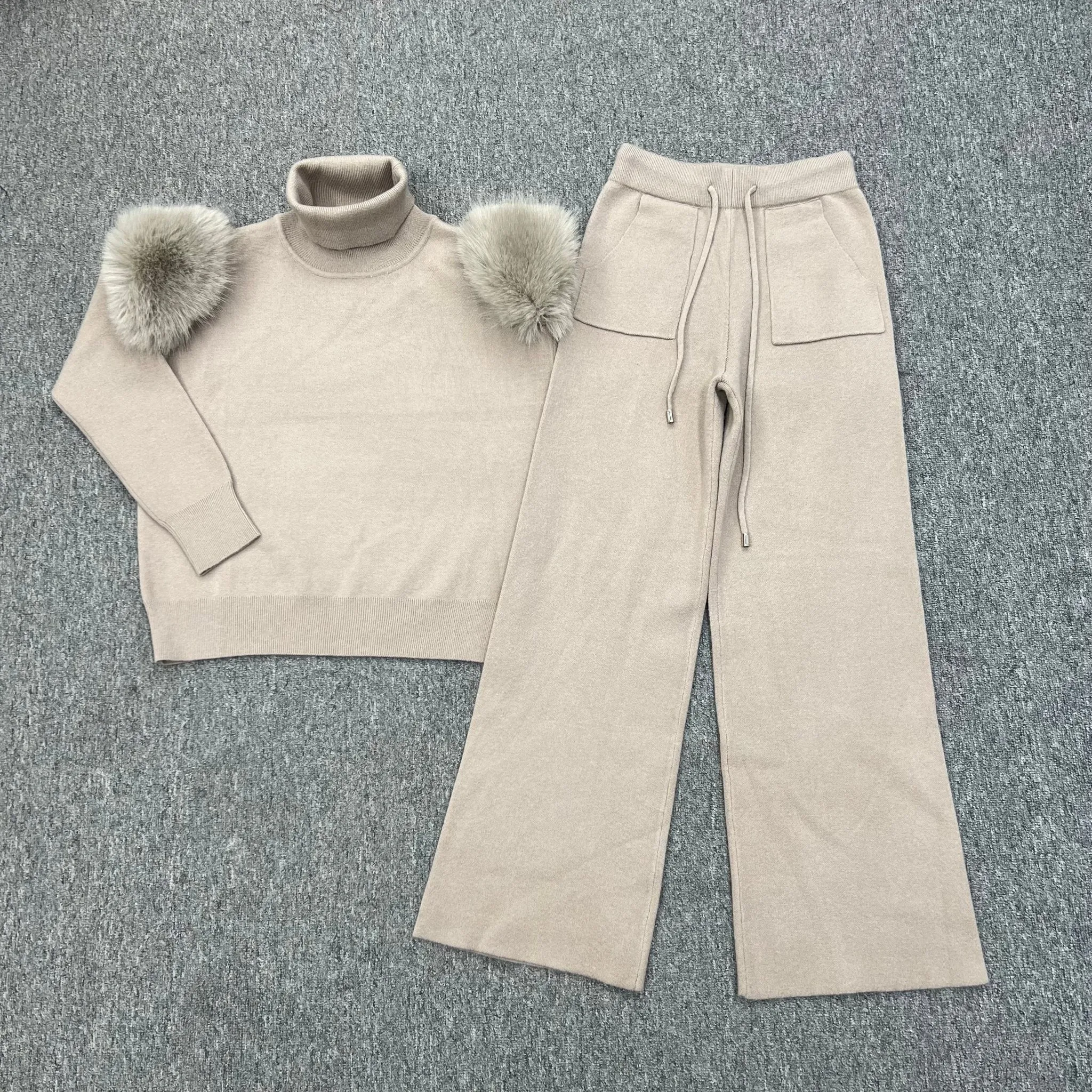 Beige Faux Fur Shoulder Wide Leg Tracksuit