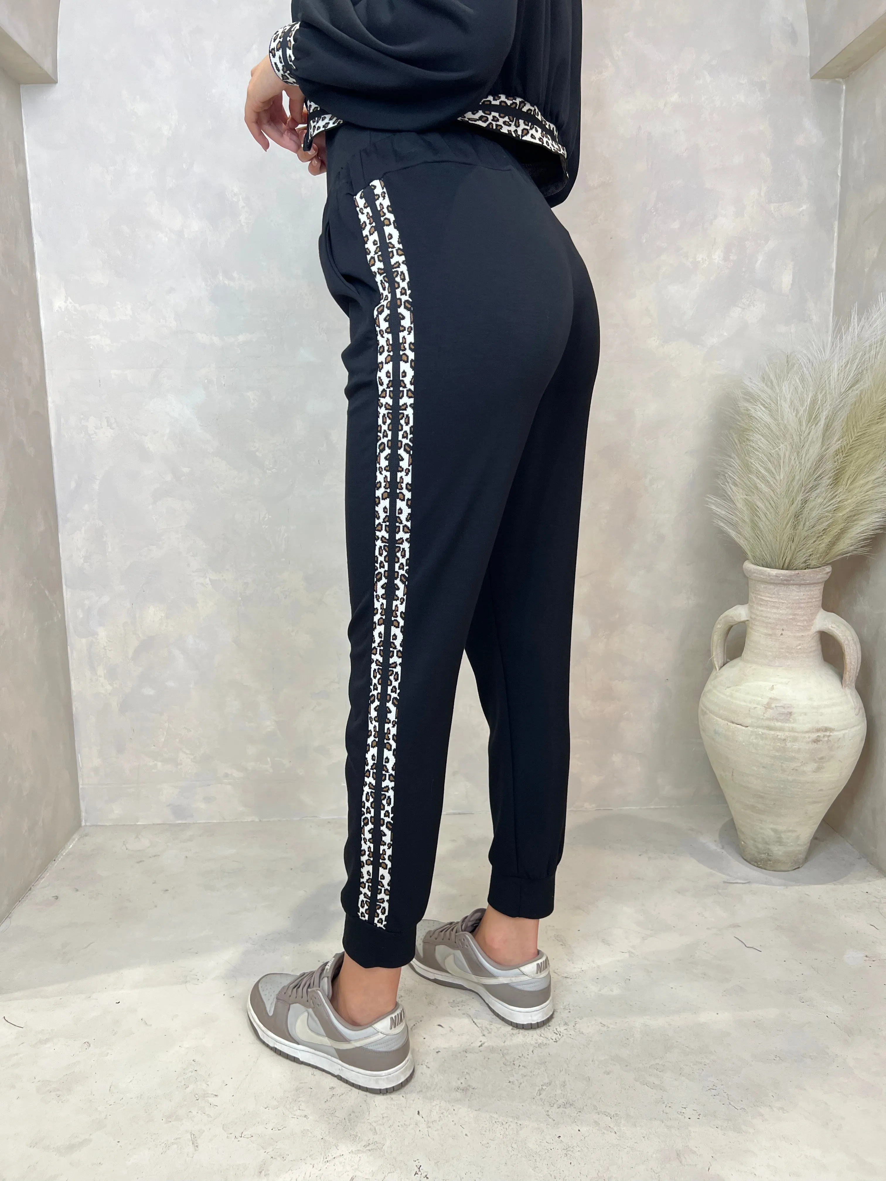 Black Leopard Print Trim Jogging Bottoms