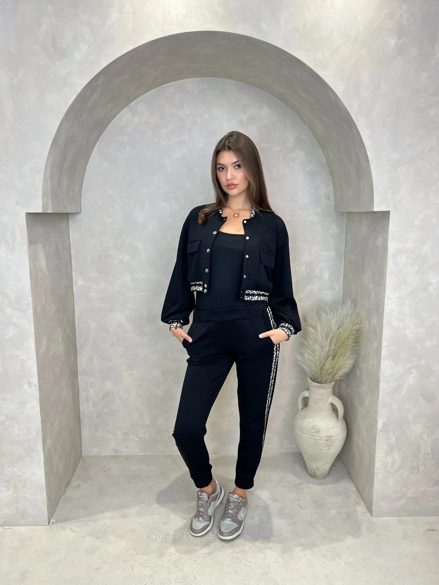 Black Leopard Print Trim Jogging Bottoms