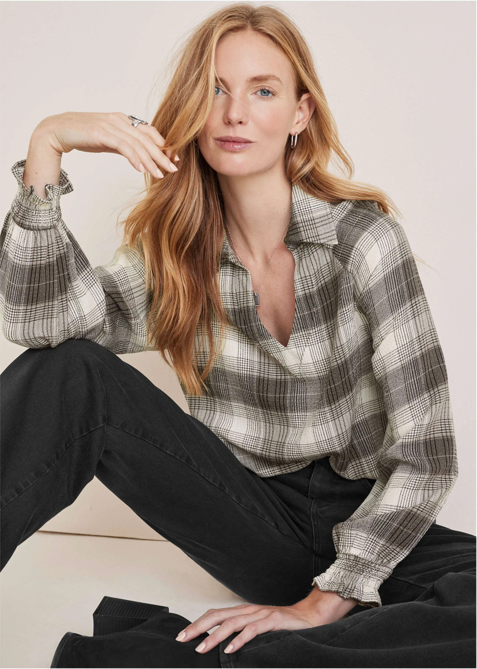 Brushed Plaid Blouse - Grey Plaid