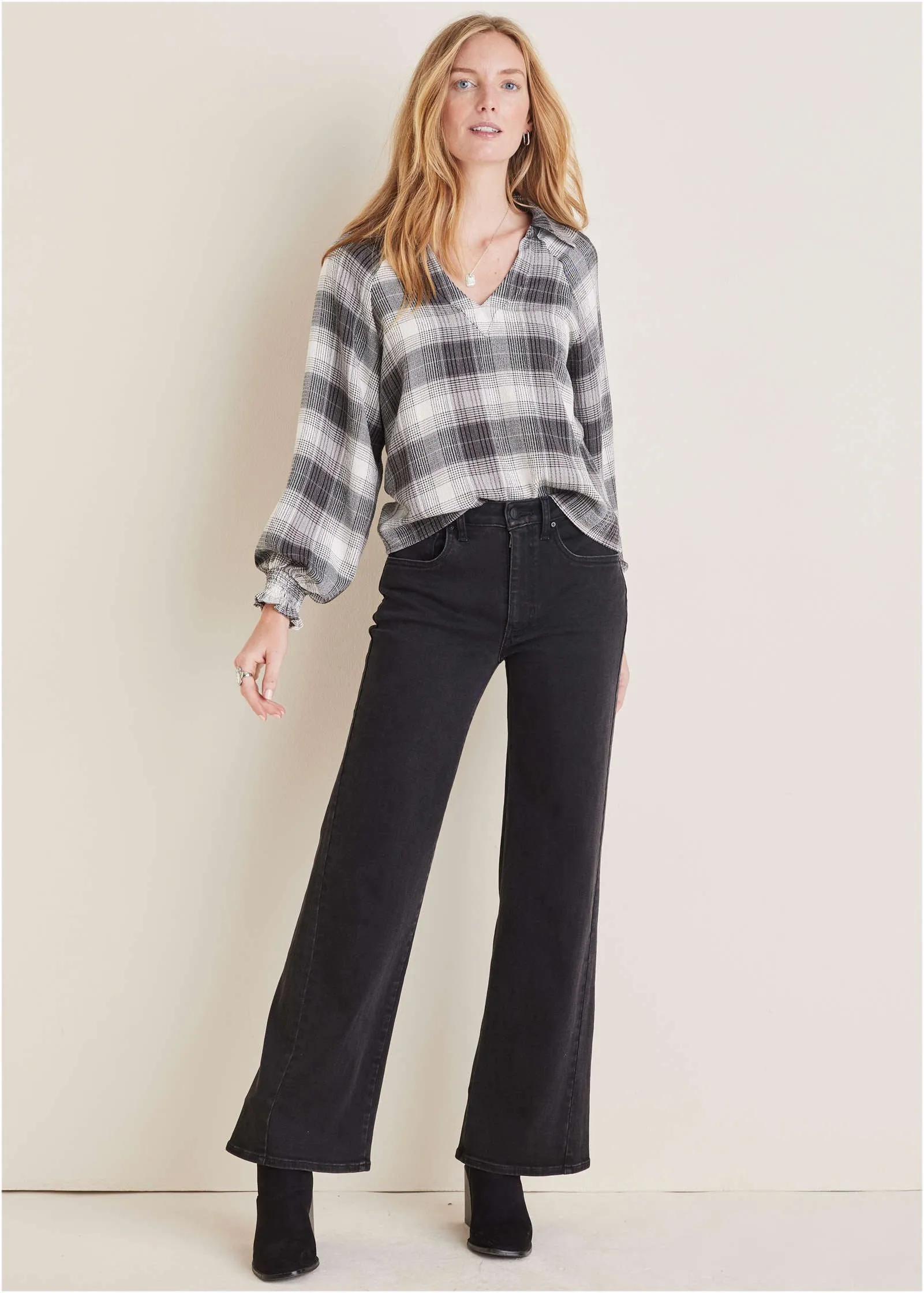 Brushed Plaid Blouse - Grey Plaid