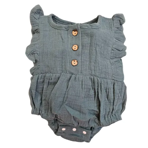 Bubble Romper -  Solid Green 100% Cotton / Gauze - Ruffle Sleeve - Elastic leg - Baby