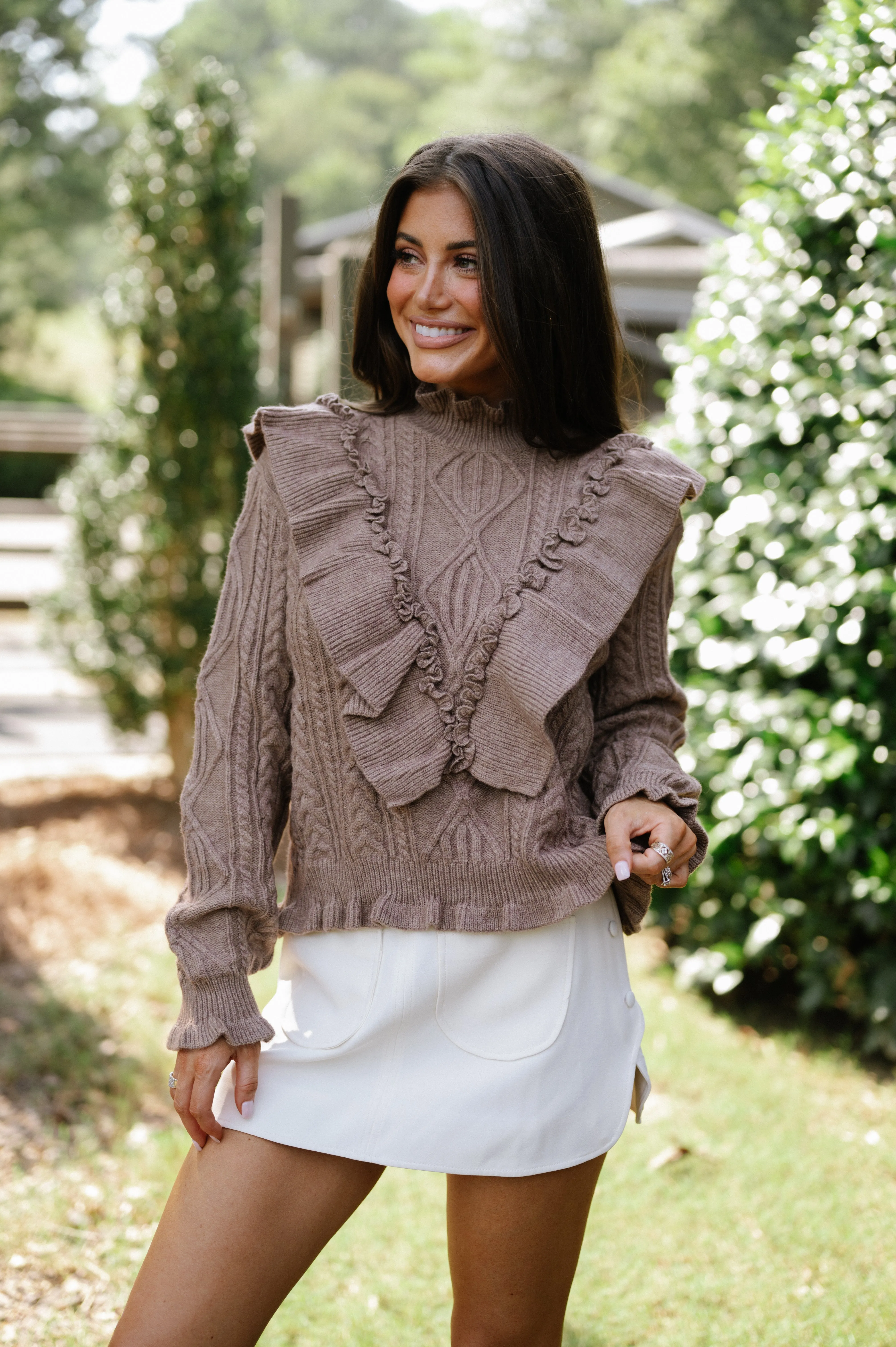 Cable Knit Ruffle Sweater-Brown