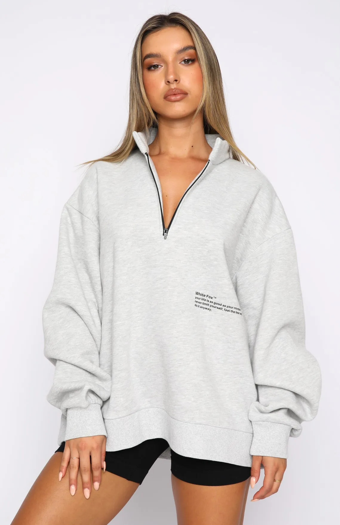 Caught Up With You Zip Front Sweater Grey Marle