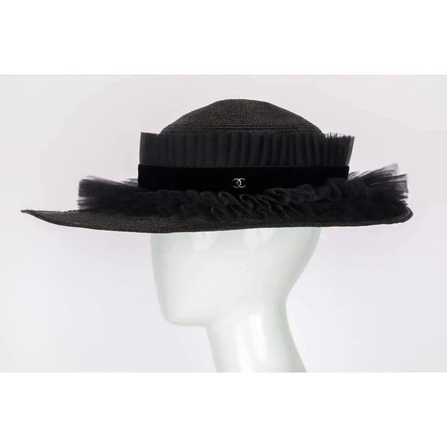 CHANEL Black Ruffle Oval Hat | Size 57