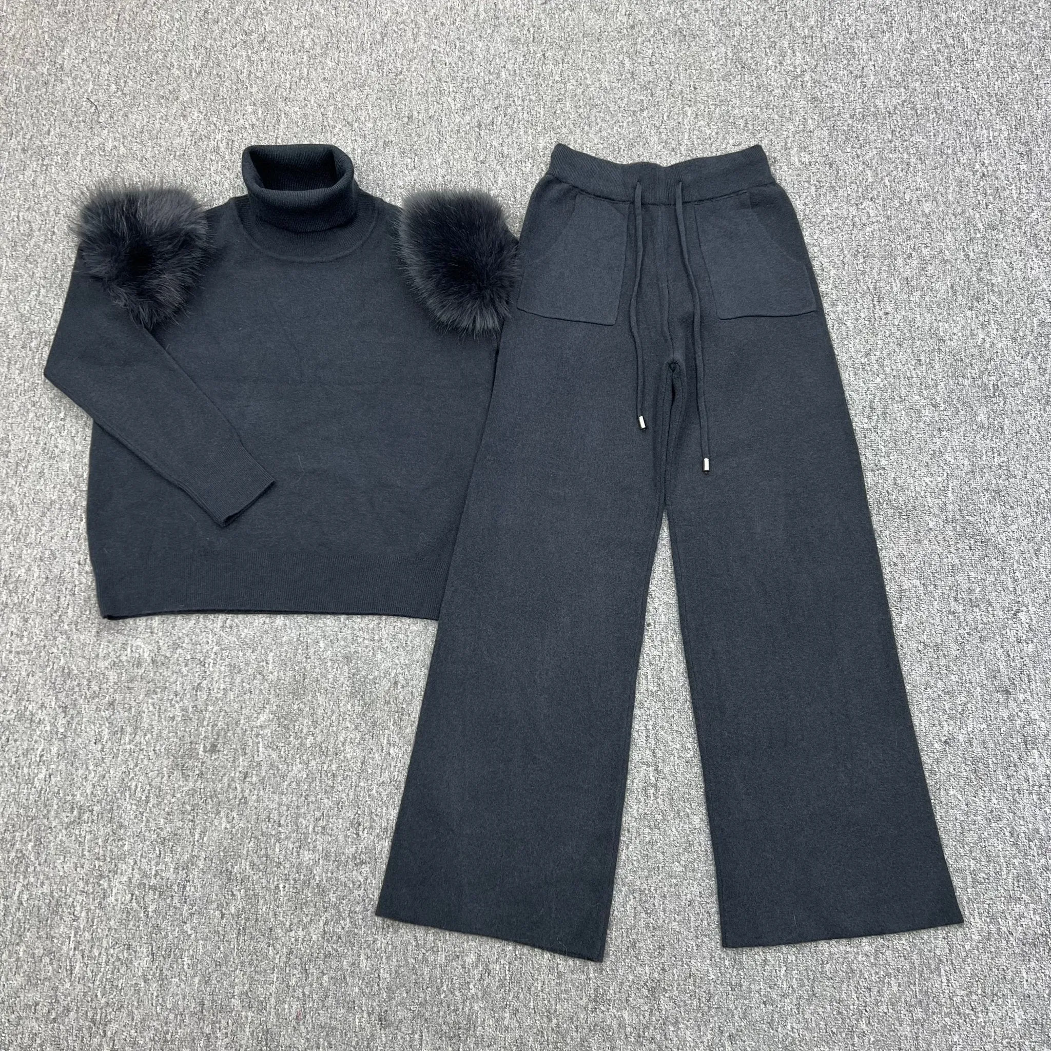 Charcoal Faux Fur Shoulder Wide Leg Tracksuit