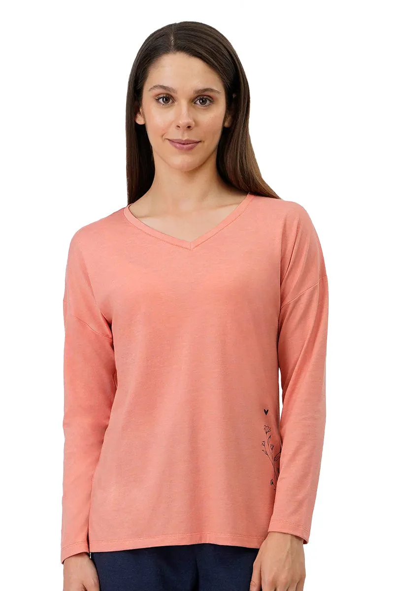 Cotton Blend Long Sleeves Sleep T-shirt - Canyon Clay