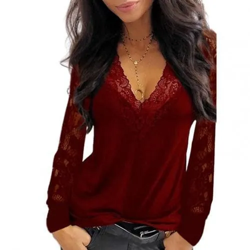 DressBetty - Sexy Deep V Neck Lace Trim T-shirt