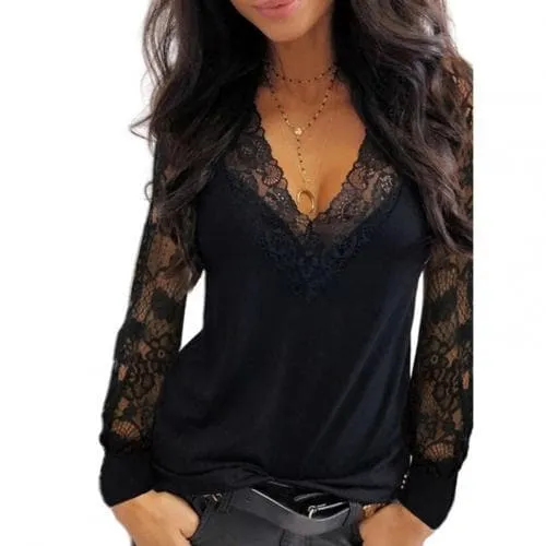 DressBetty - Sexy Deep V Neck Lace Trim T-shirt