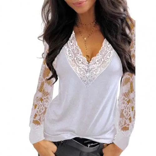 DressBetty - Sexy Deep V Neck Lace Trim T-shirt