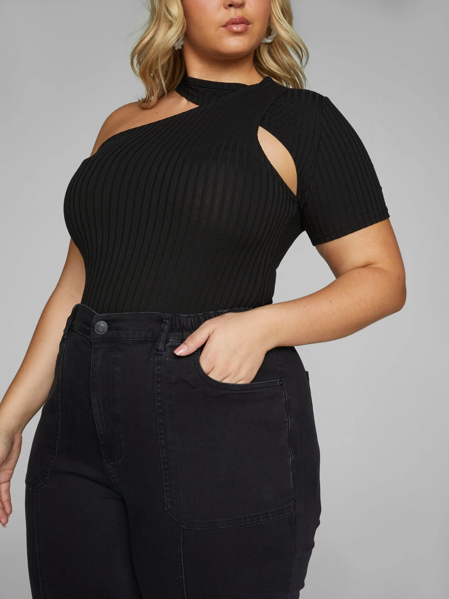 Erika Ribbed Knit Open Shoulder Top