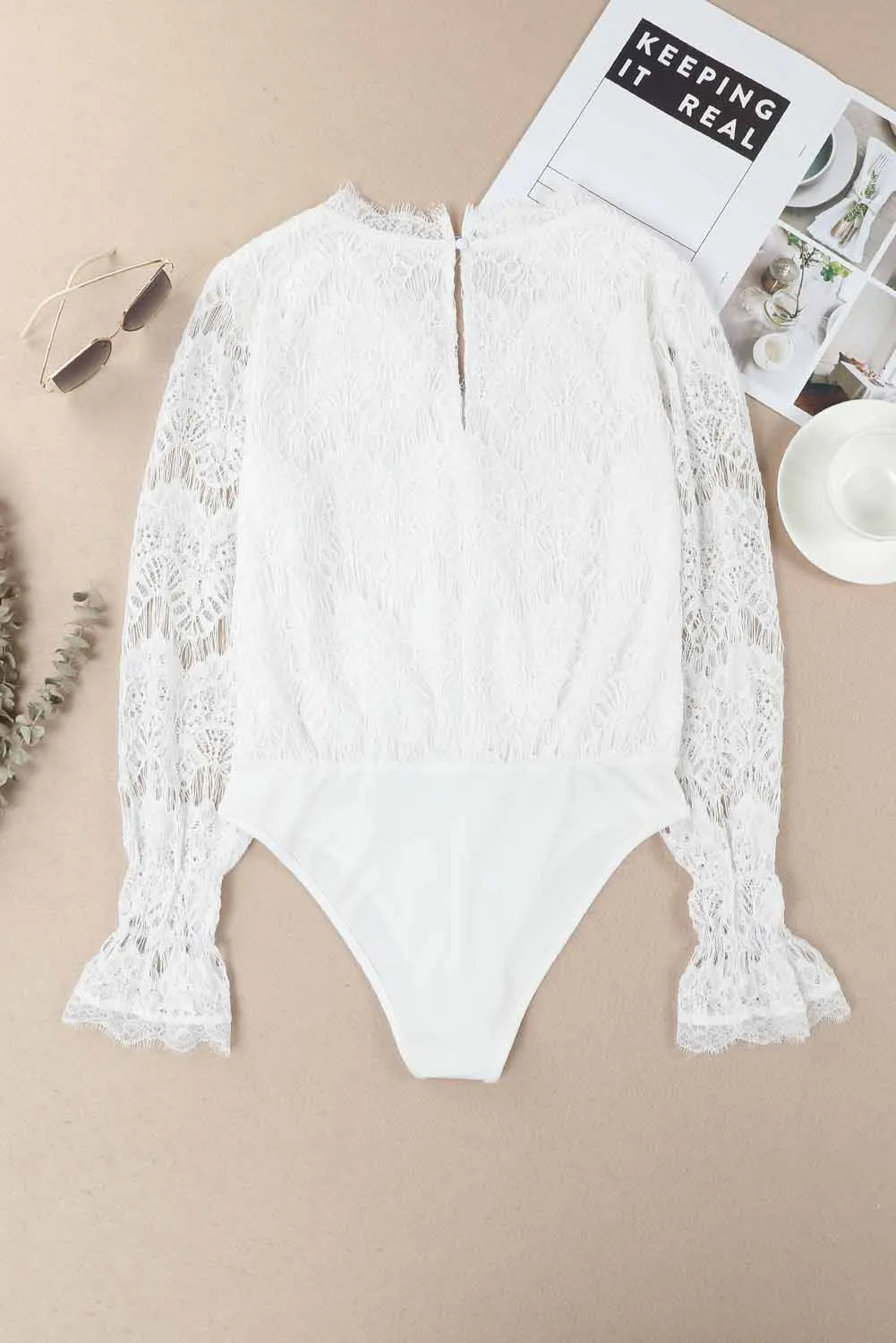 Eyelash Trim Scalloped Lace Flounce Sleeve Bodysuit