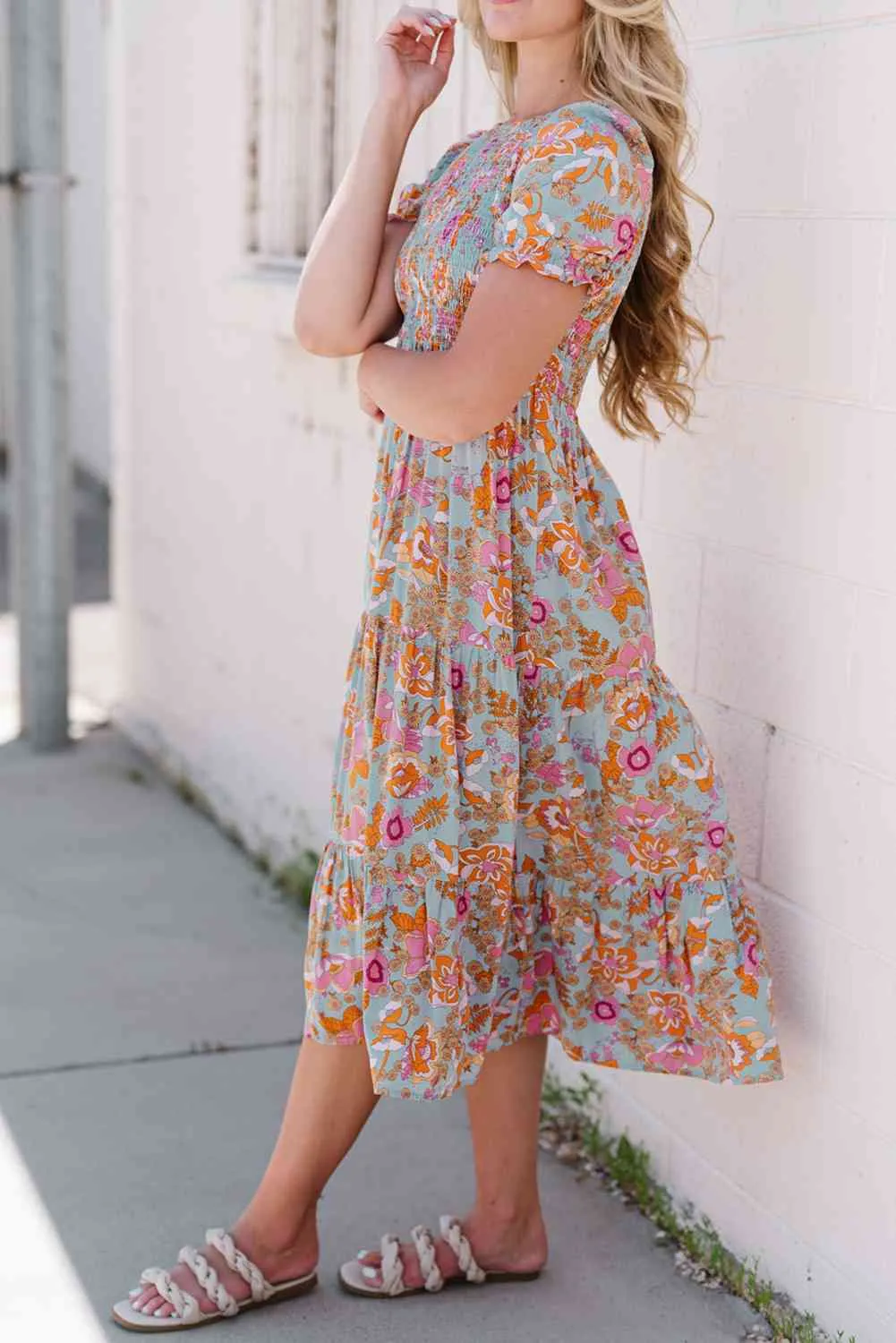 Floral Flounce Sleeve Round Neck Midi Dress