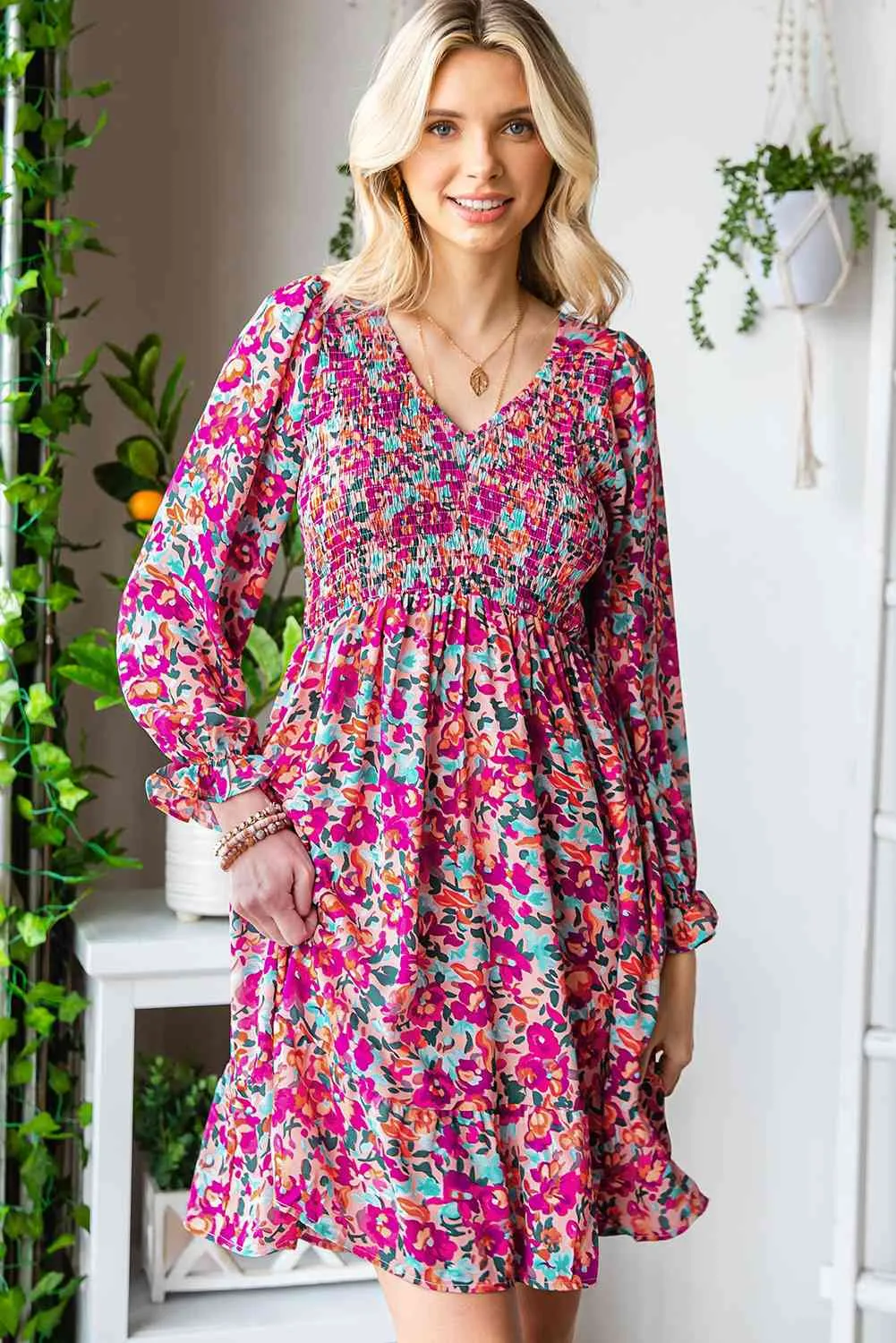 Floral Smocked V-Neck Flounce Sleeve Dress