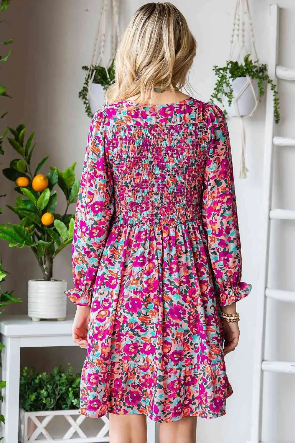 Floral Smocked V-Neck Flounce Sleeve Dress