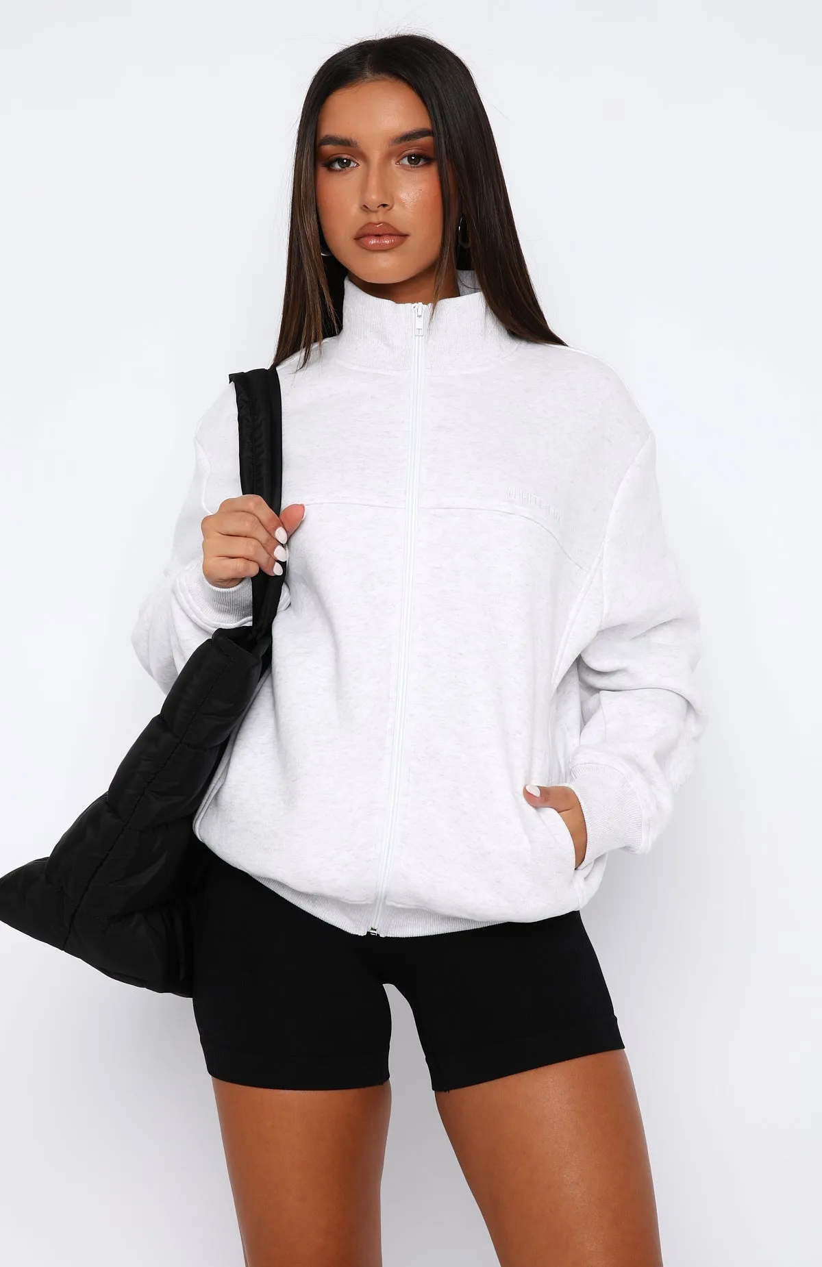 Just The Beginning Zip Front Sweater Grey Marle