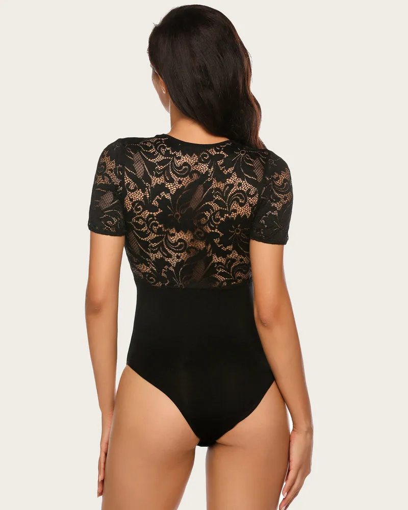 Lace Deep V Snap Crotch Bodysuit