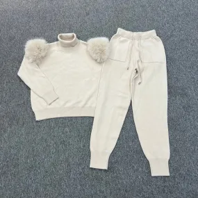 Light Beige Faux Fur Shoulder Roll Neck Jogger Tracksuit