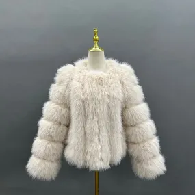 Light Beige Vertical Design Faux Fur Coat