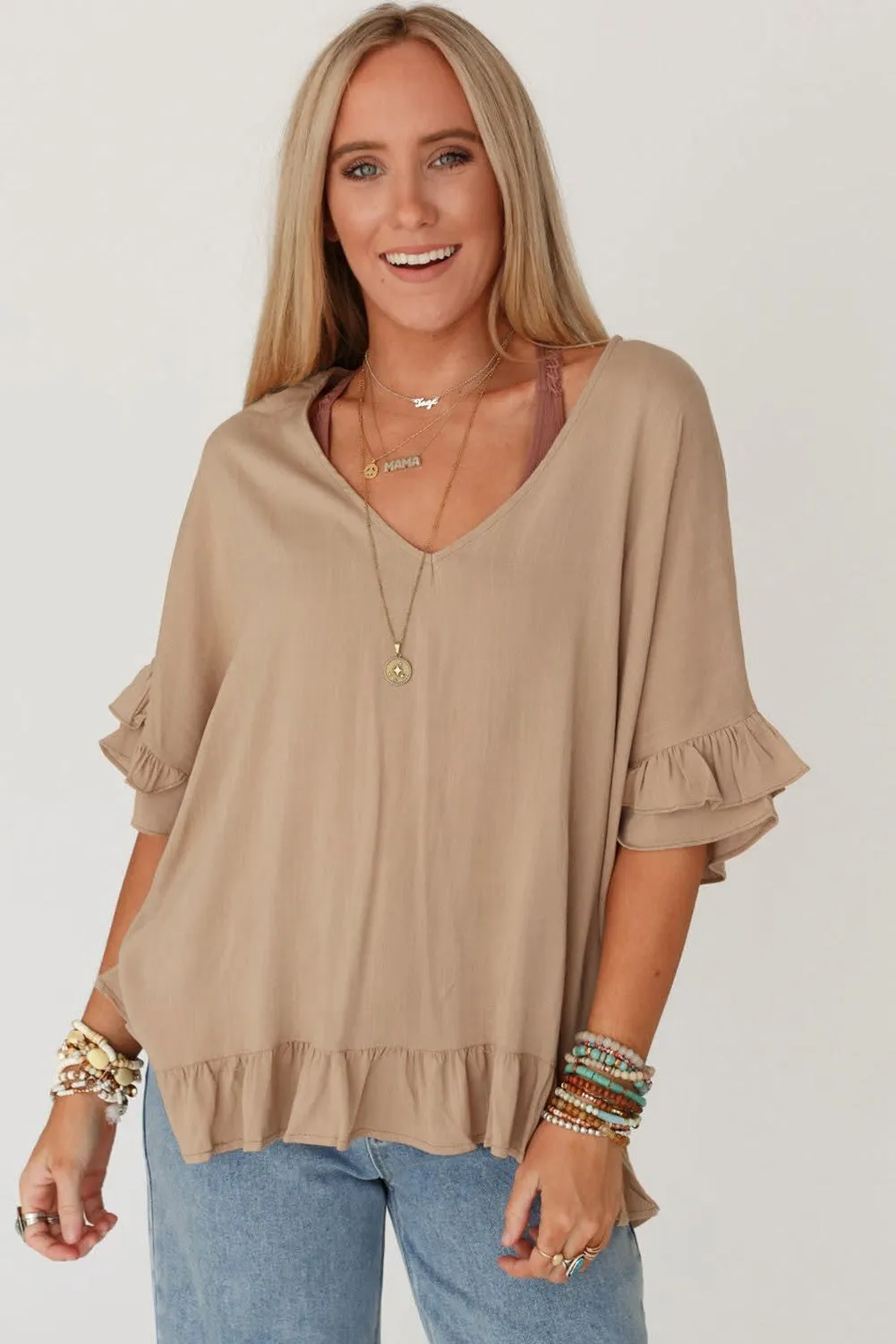 Light French Beige Loose Ruffled V Neck Blouse