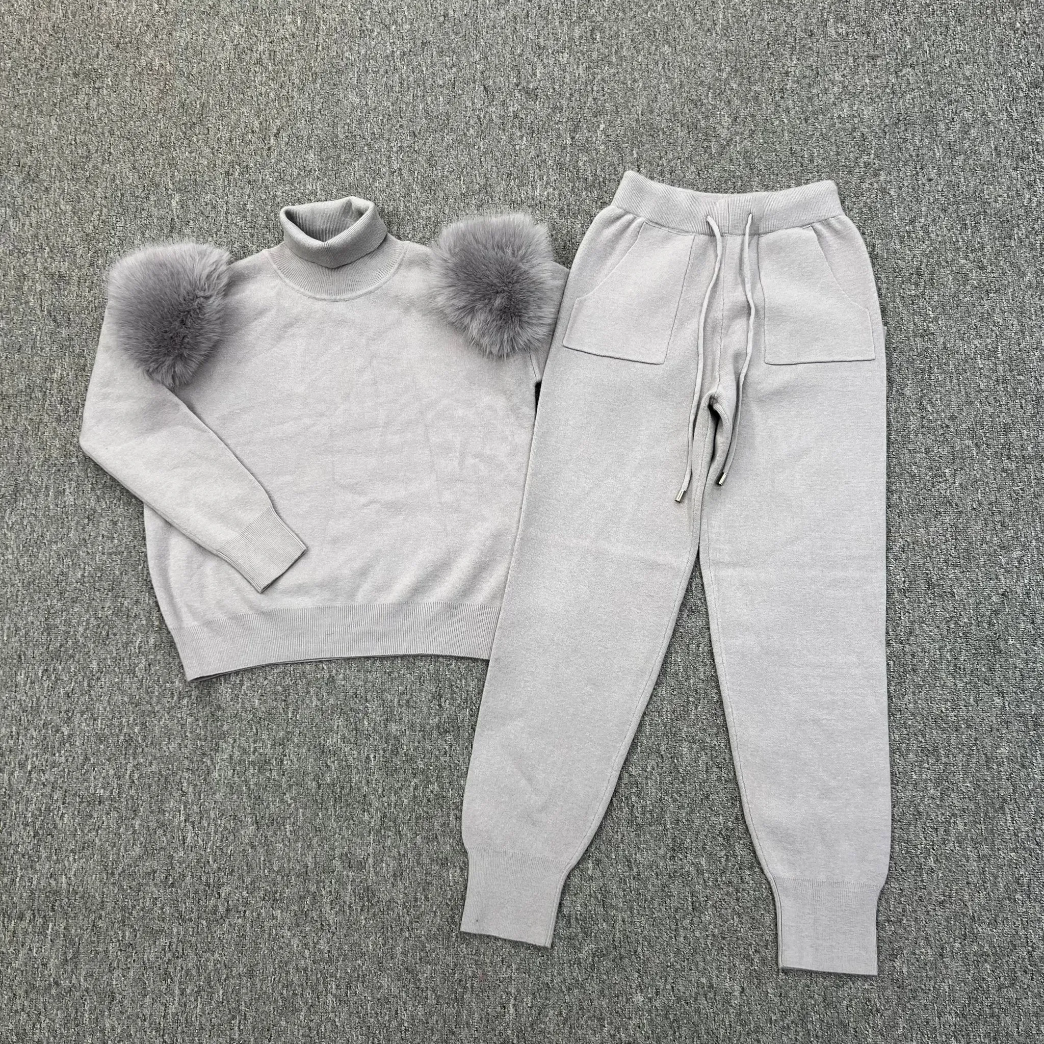 Light Grey Faux Fur Shoulder Roll Neck Jogger Tracksuit