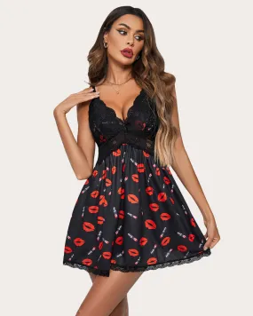 Lips Lace V-Neck Full Slip Sleep Dress