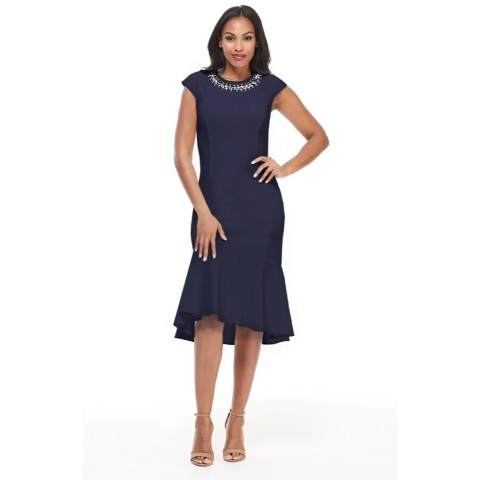 Maggy London Celeste Flounce Navy Jewel Dress