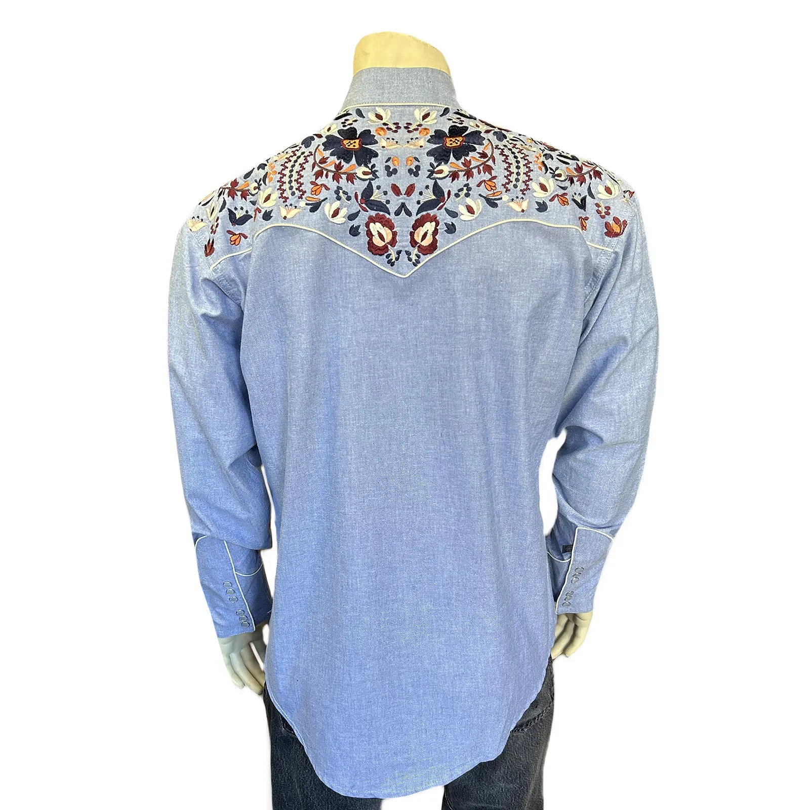 Men's Vintage Blue Floral Embroidery Western Shirt