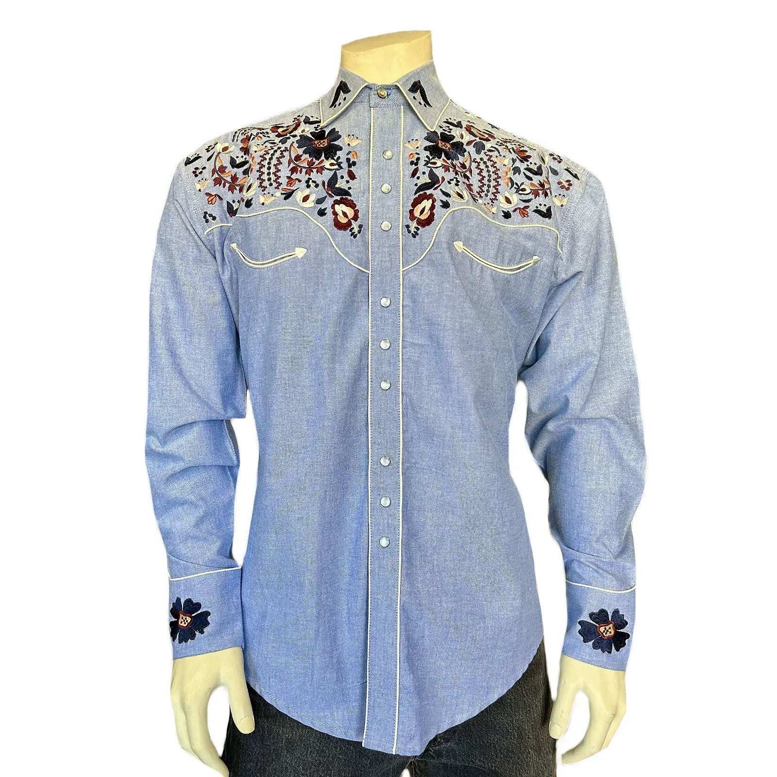 Men's Vintage Blue Floral Embroidery Western Shirt