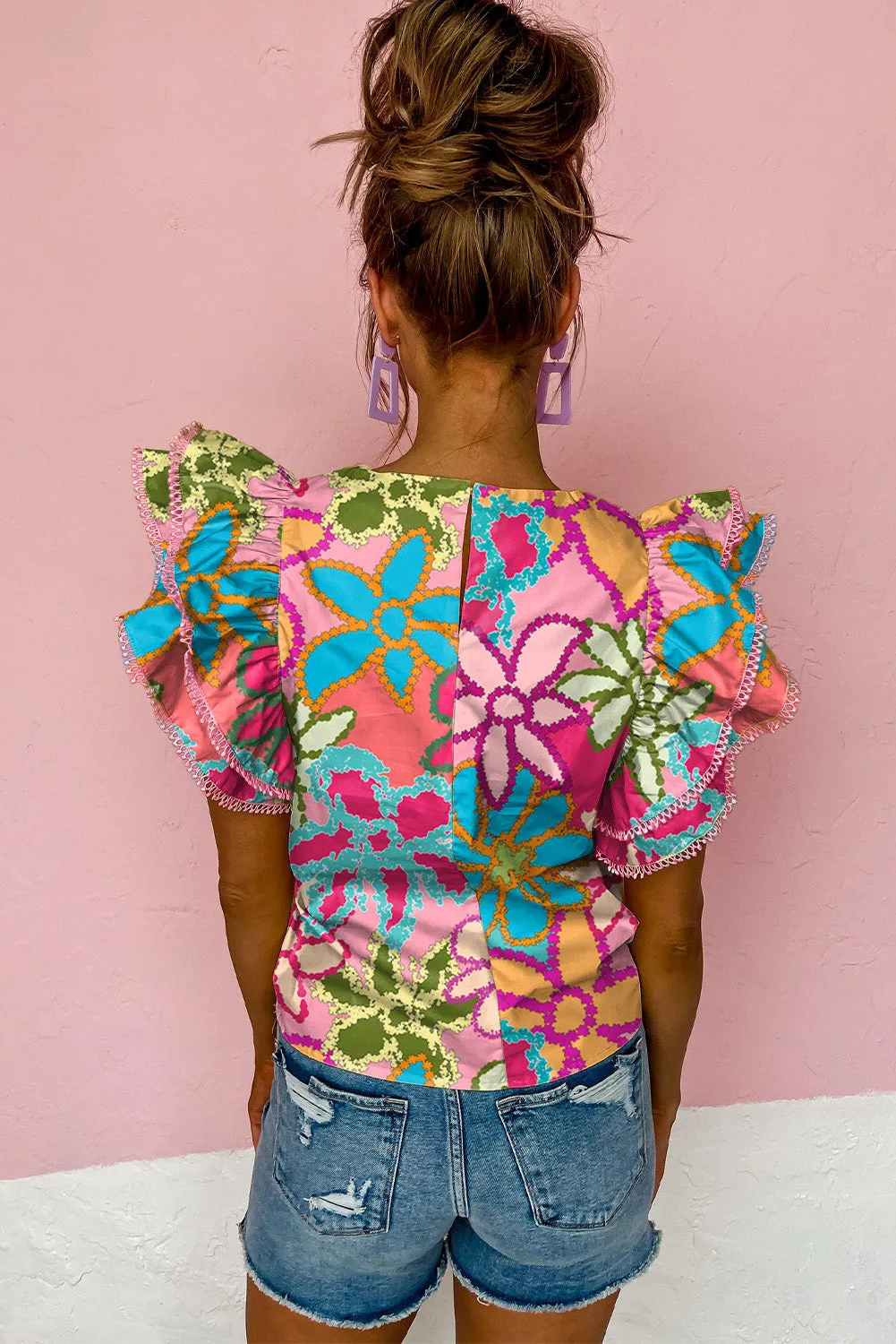 Multicolor Vibrant Floral Print Trimmed Ruffle Sleeve Blouse