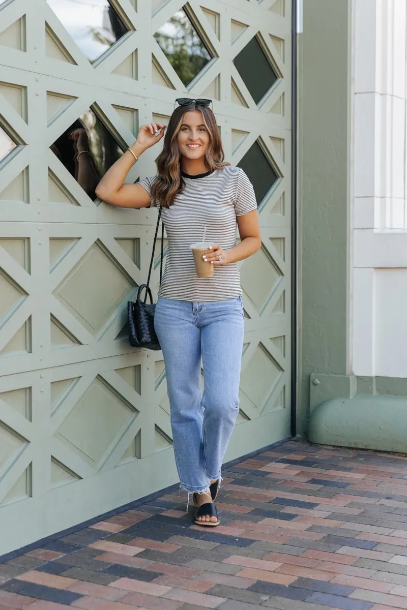 Oatmeal Striped Short Sleeve Top